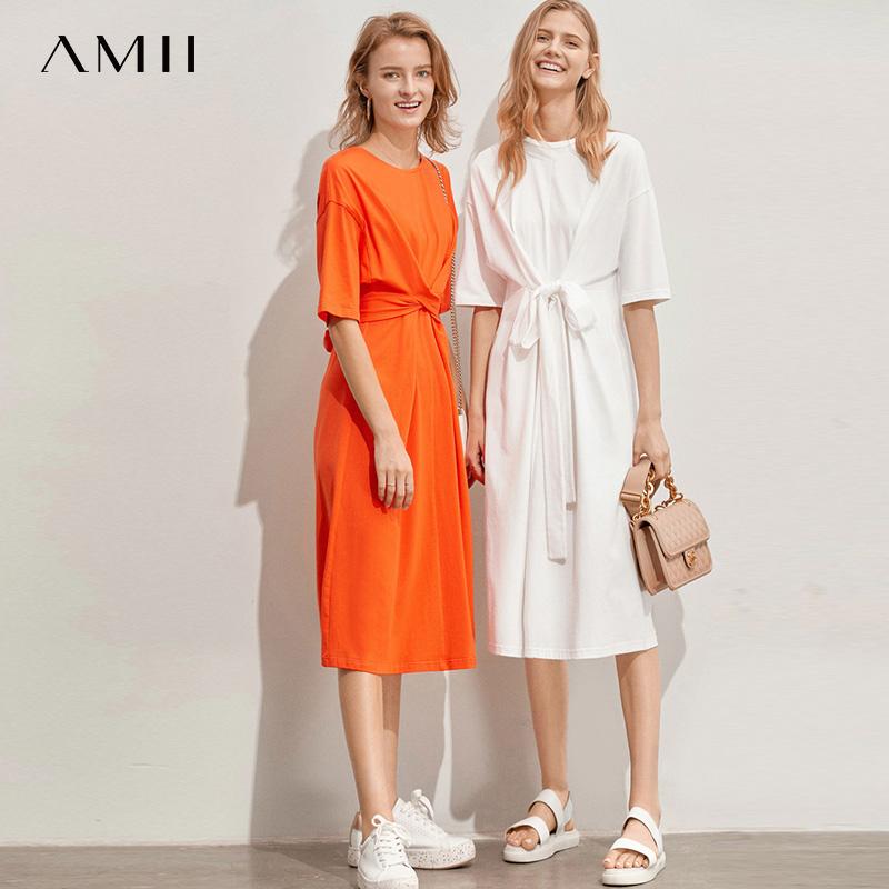 

Amii Minimalist Women Dress Spring Summer Causal Solid Short Sleeve Belt Lace Up O Neck Cotton high waist Elegant Dress 11960107, Gray long dresses