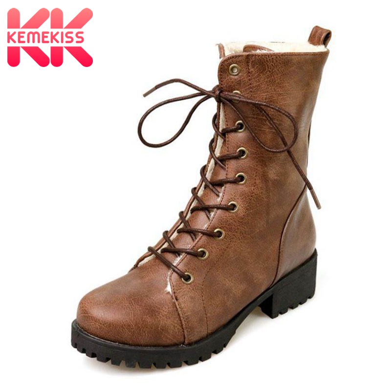 

KemeKiss Women Half Short Boots Winter Warm Plush Flats Shoes Women Snow Boots Casual Lace Up Thicken Fur Footwear Size 33-42, Black 5cm with fur