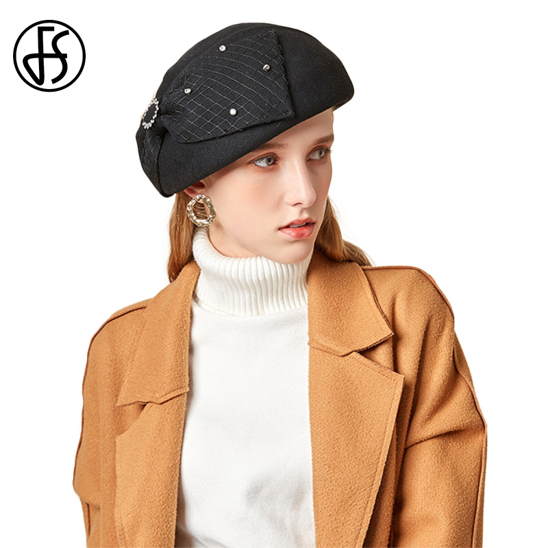 

FS Spring Hats For Women Rhinestone Bowknot Wool Beret Elegant Lady British Style Retro Pillbox Hat Chapeau Fedora, Red wool hat