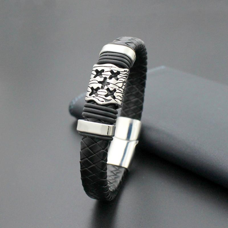 

12MM Wide Braided Vintage Genuine Leather Bracelet For Men 316L Stainless steel Hollow Bead Bracelets with Magnet Clasp