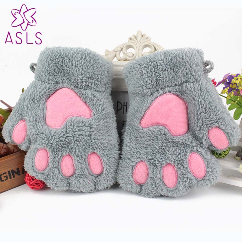 

Cartoon Cat Claw Winter Gloves Women Cute Girl Exposed Finger Thick Warm Bear Plush Half Finger Gloves Mitten