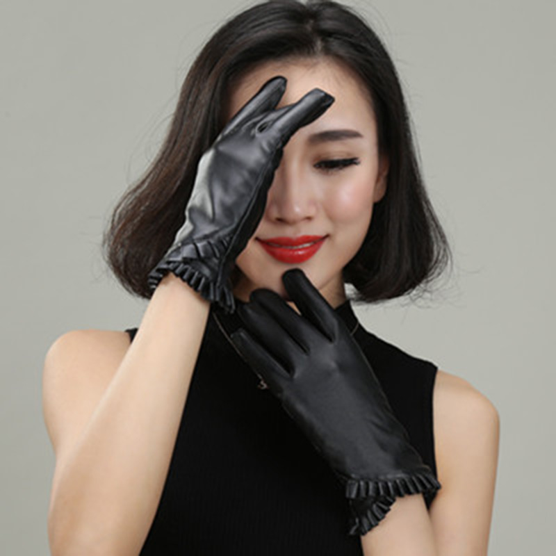 

Leather gloves female winter fashion lace touch screen gloves female punk locomotive glove thick warm cycling driving E99