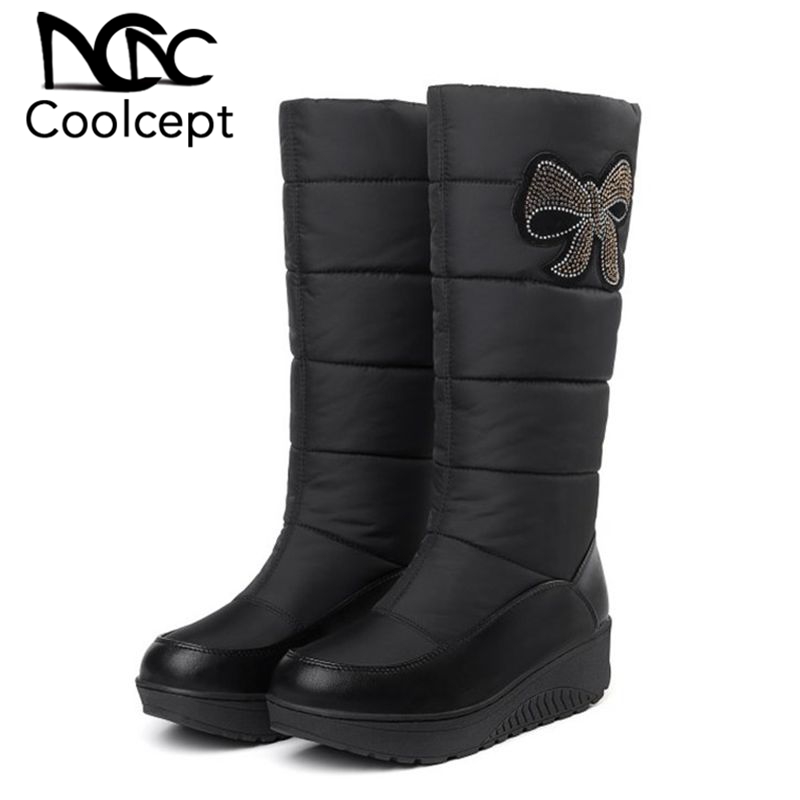 

CoolCept Size 35-44 Women Mid Calf Snow Boots New Winter Warm Plush Fur Cotton Shoes Women Crystal Bowknot Flats Down Boots, Black