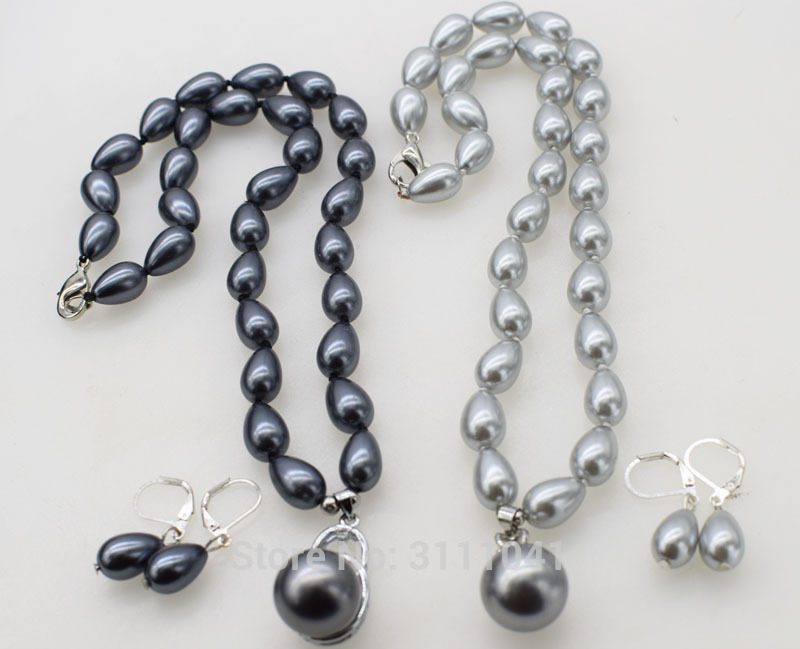 

one set sea shell pearl rice white/black /gray necklace earrings 18inch wholesale beads nature FPPJ woman gift xmas gift