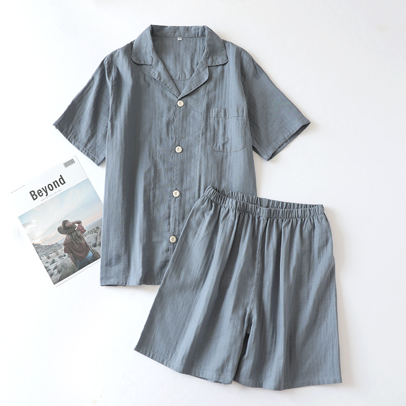 

Summer Men's Gauze Solid Color Pajamas Set Short-sleeved Shorts Home Pajamas Cotton V-neck Thin Pijama Hombre Unit Home Clothes, Army green