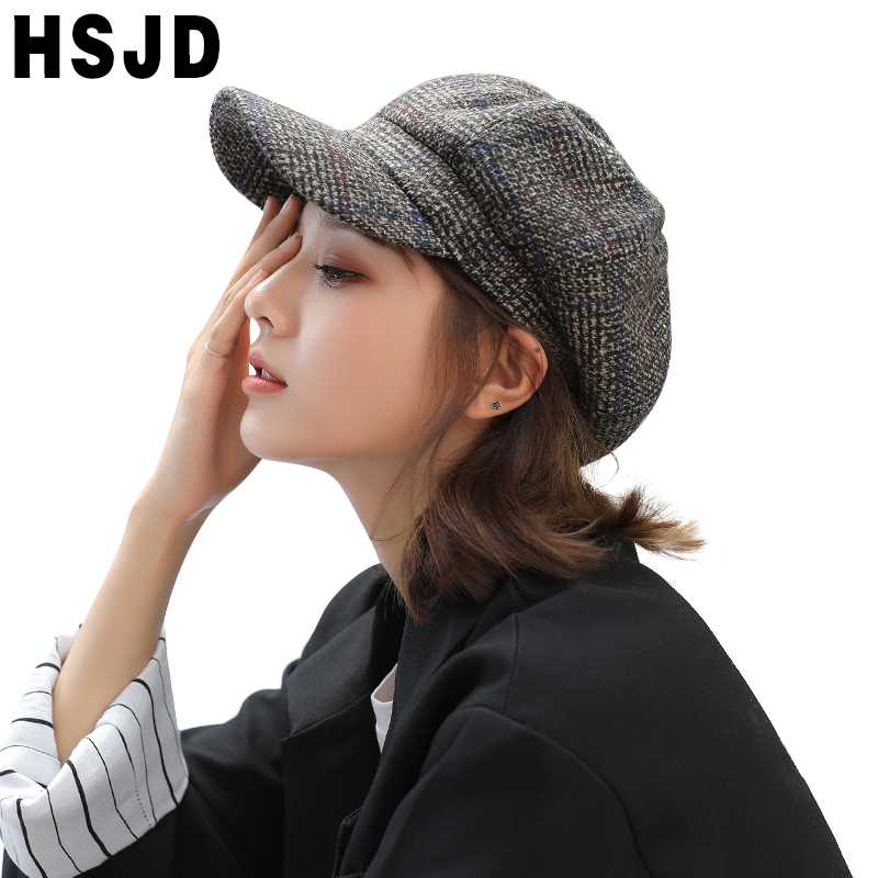 

2020 Wool Plaid Octagonal Flat Cap Women Autumn Winter Hat Retro Berets Female Artist Painter Hats for Women French Newsboy Cap, Grey