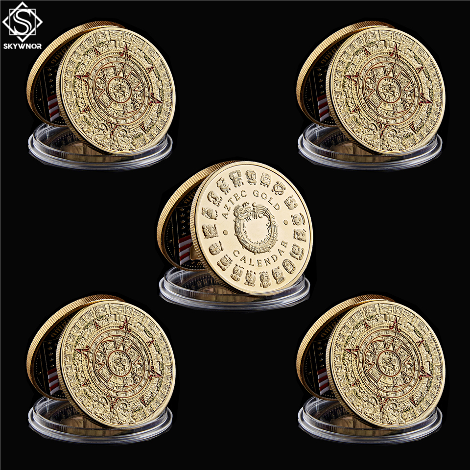 5PCS/Lot Mexico Gold Plated Calendar Azetc Craft Culture Souvenir Copy Coin Collectibles-image-586705542