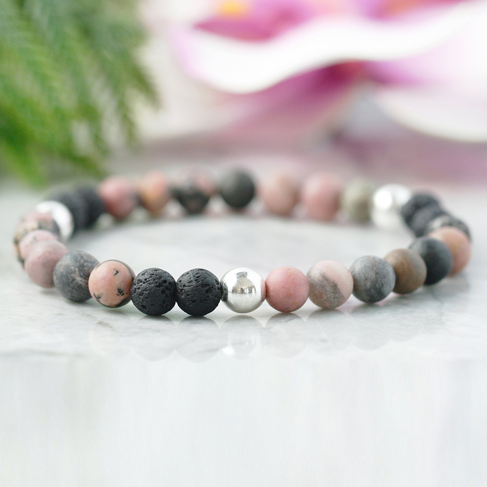 

MG0959 6 mm Pink Rhodochrosite Diffuser Bracelet Essential Oil Aromatherapy Jewelry Heart Chakra Lava Rock Bracelet, Black