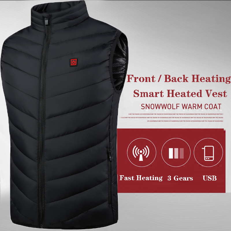 

2020 Front Back Heating USB Electric Heated Vest Winter Waistcoat Super Warm Outdoor Coat Camping Hiking Jacket Hot Heated Vest, 2 area black