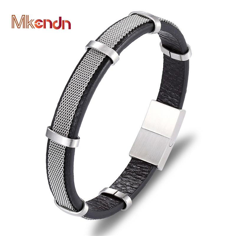 

MKENDN New Fashion Watch-band Charm Leather Bracelet With Stainless Steel Magnetic Clasp Femme Homme Jewelry
