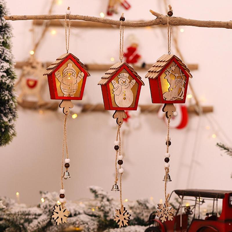 

Christmas Tree Wooden House Shaped Pendant With LED Light Xmas Trees Decoration Home Ornament Mold Holiday Supplies
