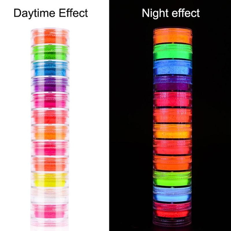 

12colors Dust Nail Fluorescent Powder Transparent Powder Box Set Painted Laser Glue Phototherapy Luminous Pigment Nail Glitters