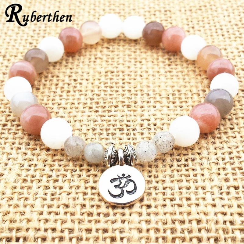 

Ruberthen New Design Gem stone Luxury Bracelet Ohm Charm Moonstone and Sunstone Womens Mala Bracelet Energy Protection Jewelry