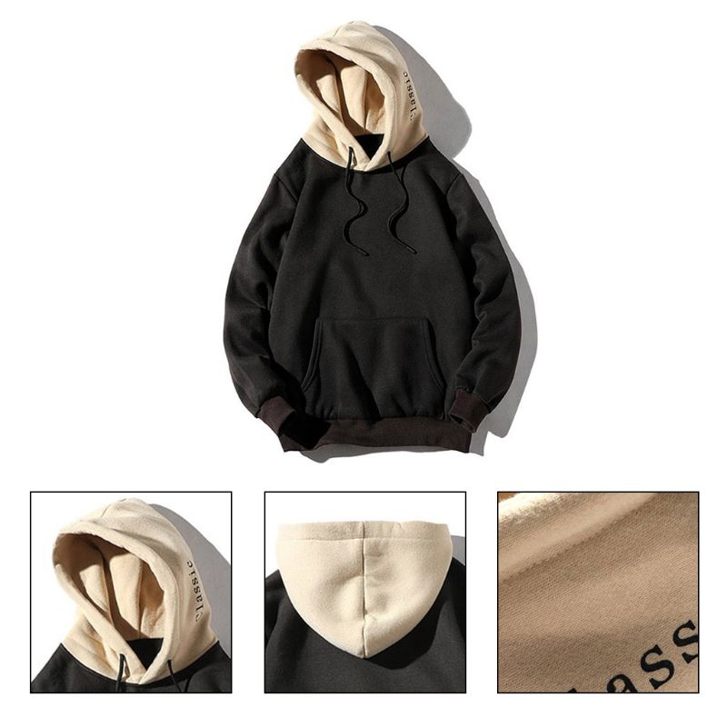 

Men Long Sleeve Colorblock Splicing Drawstring Hoodies Big Kangaroo Pocket Sweatshirt Casual Pullover Tops Streetwear, Beige