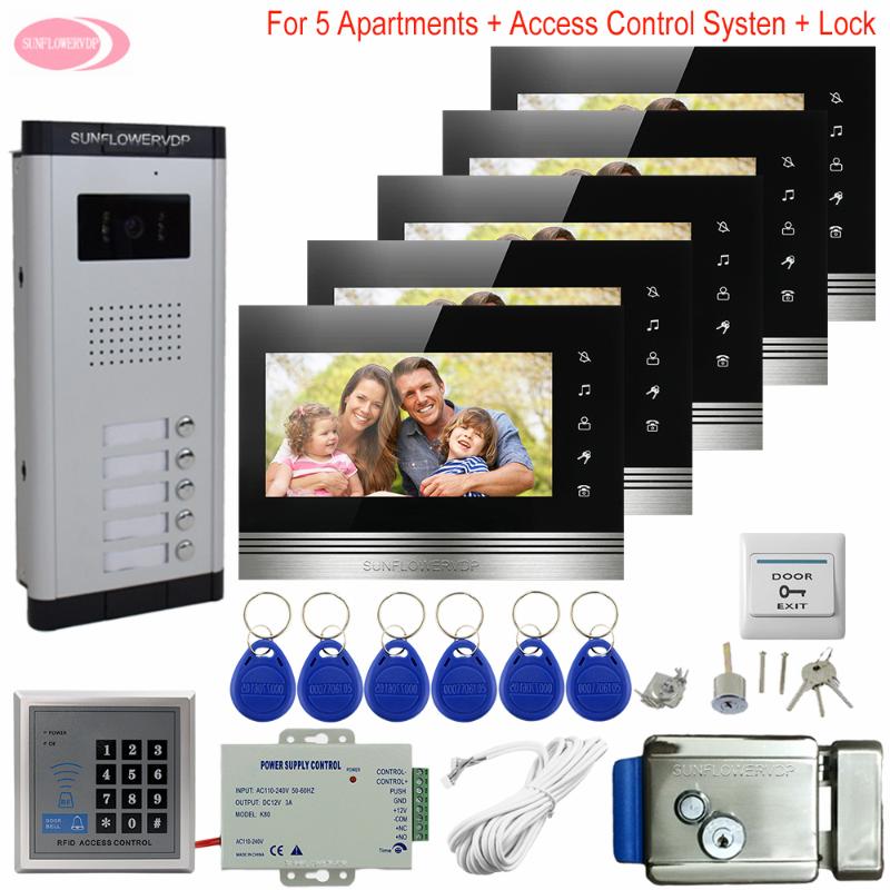 

7inch Video Intercoms for Private Homes Access Control 5 Buttons + 5 Monitors Intercom in the Apartment + Electronic Door Lock