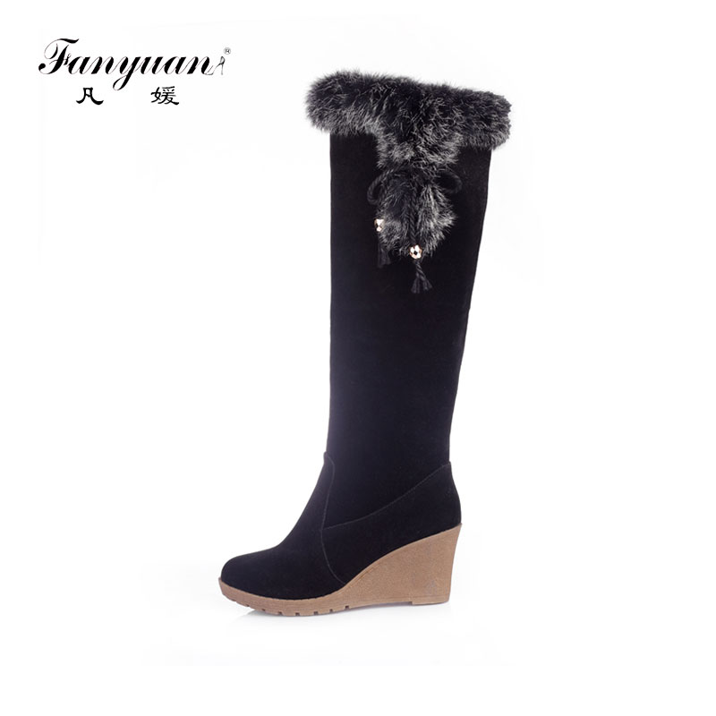 

Fanyuan Fashion Women Knee High Boots Witer Snow Boots Slip on Round Toe Wedges Heel flock Leather Women Size 34-43, Black
