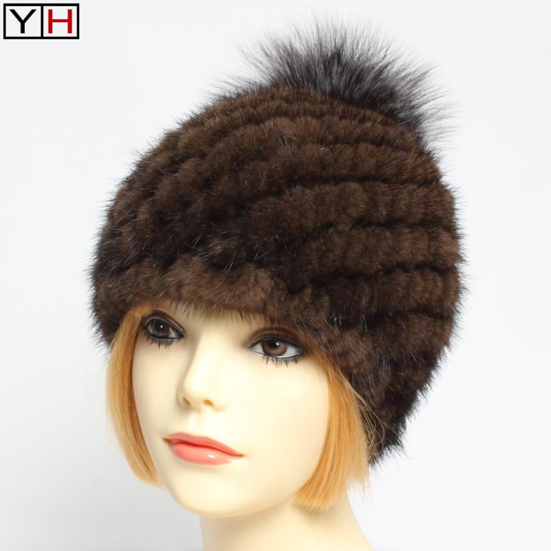 

Hot Sale Women Real Hat Women Warm Genuine Knitted Caps 100%Natural Beanies Hat Retail Wholesale, Black