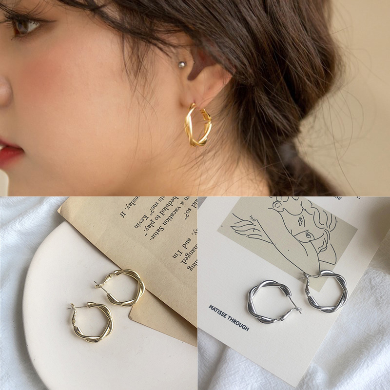 

Hoop & Huggie Korean Vintage Cross Weave Twisted Ear Earring Metal Circle Clip