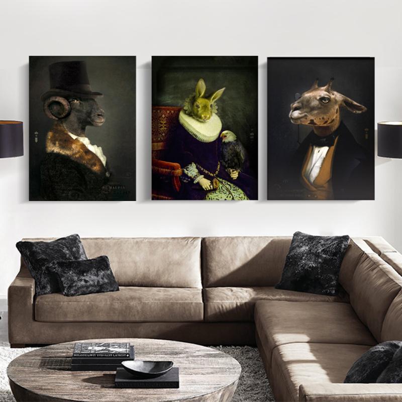 

Wall Art Retro Nostalgia Gentleman Oil Paintings Animal Head Style Posters Print Canvas Painting for Living Room Home Decora
