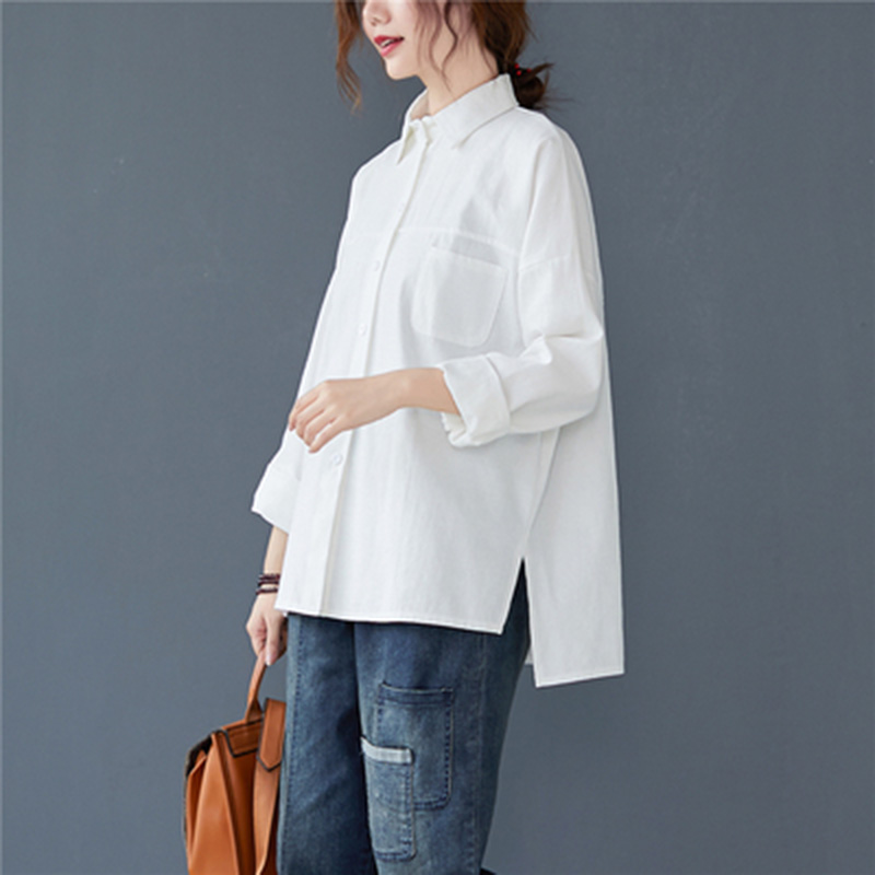 

New European Style Loose Casual Long Sleeve Turn-down Collar Cotton Linen Shirt Pockets Design Single-breasted Blouse Women A324, White