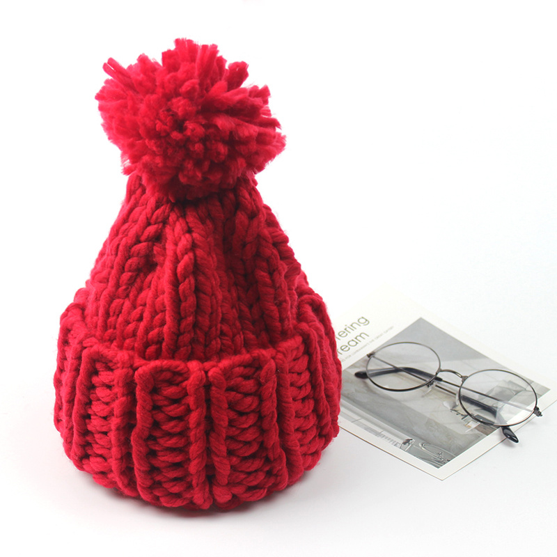 

2020 Winter Women Coarse Woolen Pom Pom Knitted Beanie Hat Stylish Warm Thicker Skullies Hats Bonnet Solid Beanies, Red