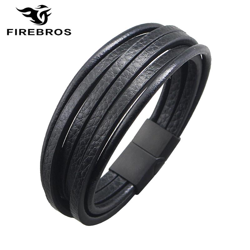 

FIREBROS Black Gold Silver Color Stainless Steel Magnetic Buckle Multilayers Genuine Leather Bracelet Men's Vintage Jewelry Gift