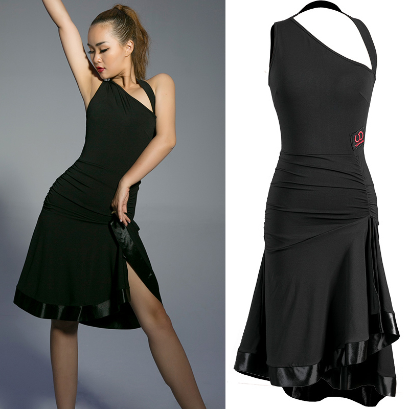 

2020 New Adult Latin Dance Competition Dress Oblique Shoulder Sexy Black Latin Practice Dress Performance Clothes DQS5065
