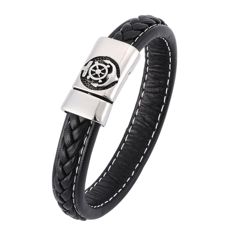 

Nautical style men's black woven leather bracelet Stainless steel magnetic buckle fashion charm bracelet 7-SP0348