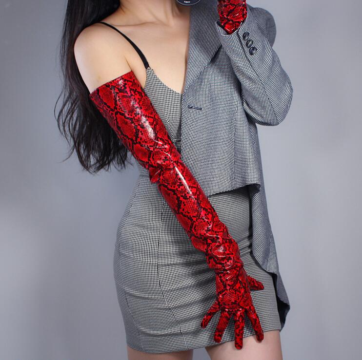 

Women's fashion sexy slim red snakeskin faux pu leather glove lady's club performance formal party leather long glove 70cm R2316