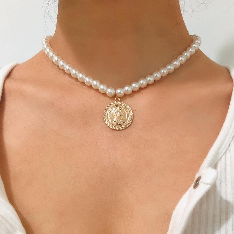 

Luxcury Pearl Beads Chain Necklace for Women Gold Color Coin Pedant Choker Necklace Gothic Bohemia Collar Jewelry Charm