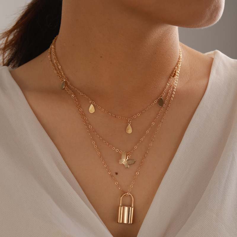 

Tocona Bohemian Lock Pendant Necklace for Women Charming Gold Color Butterfly Wafer Chain Choker Multi-layer Jewelry 15262