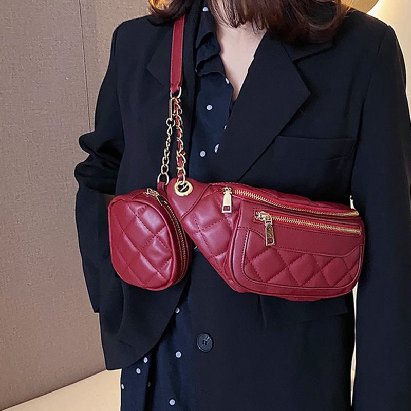 

Fashion Two Piece Women's Belt Bag Wild Cross PU leather Chain Fanny Pack Bananka Women Satchel Belly Band Waist, Black