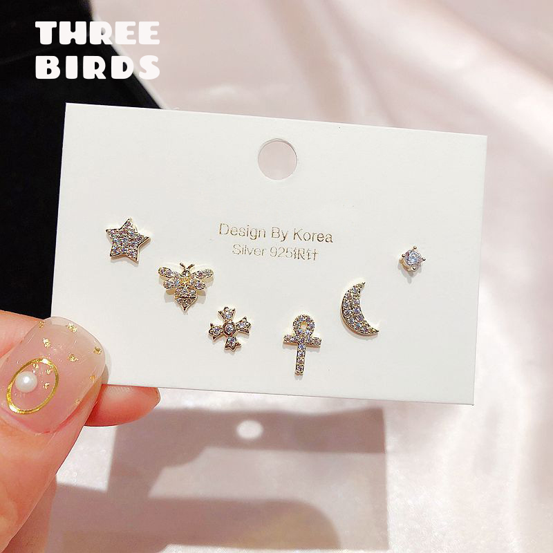 

Trendy Cubic Zirconia Silver color Stud Earrings sets Fashion Brand Star Moon Bee Cross Stud Earrings For Women Korean Jewelry
