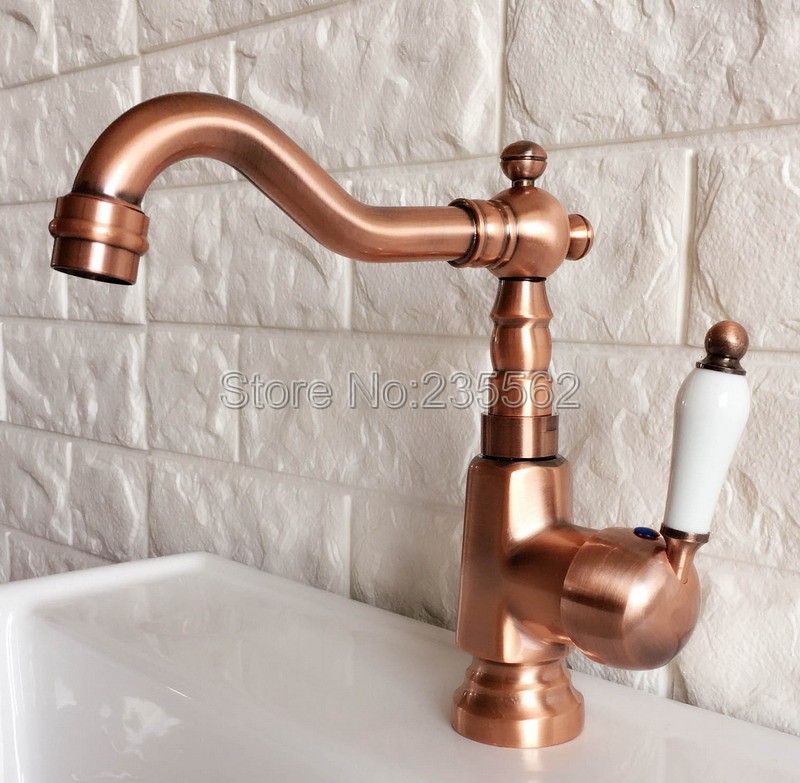

Antique Red Copper Swivel Spout Bathroom Sink Faucets Single Hole/Handle Wash Basin Mixer Taps Lnf396