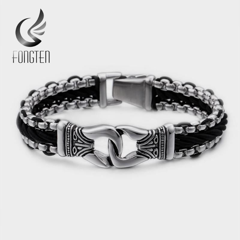 

Fongten Punk Stainless Steel Bracelet Chain Link Vintage Braided Cuff Leather Bracelets Gift Men Fashion Jewelry