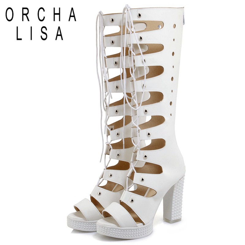 

ORCHA LISA Sexy summer platform high heel boots Ladies knee boots Western shoes Cross-tied Peep toe chunky heel size 43 White, Black