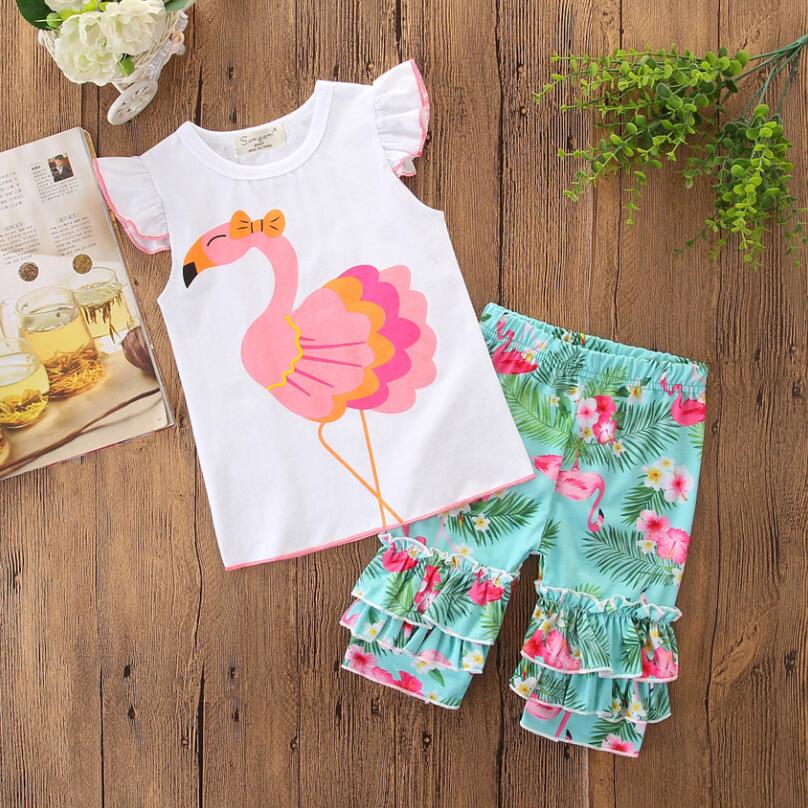 

2019 Summer Infant Baby girls Clothing set 2pcs Cartoon Printed Flamingo T-shirt+shorts Children Kids Clothes Set Outfit Suit, Picture