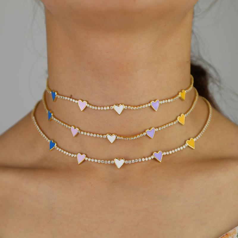 

Chains Enamel Heart Choker Chain In Necklace Blue Pink White Purple Yellow Women Beach Style Wedding Charm Jewelry