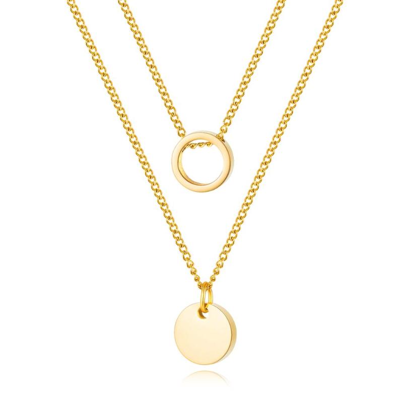 

Fashion stainless steel contracted design classic double small round bead chain smooth wafers pendant women's clavicle necklace