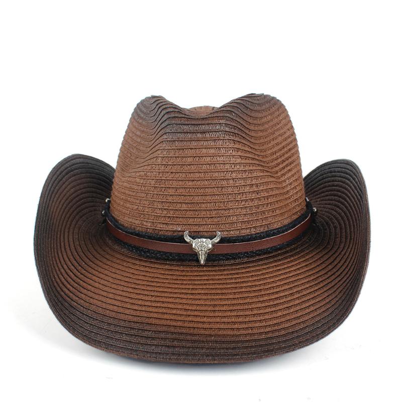 

Women Hollow Western Cowboy Hat Lady Summer Straw Bohemian Tassel Sombrero Hombre Beach Cowgirl Jazz Sun Hat Bull head tape, Khaki