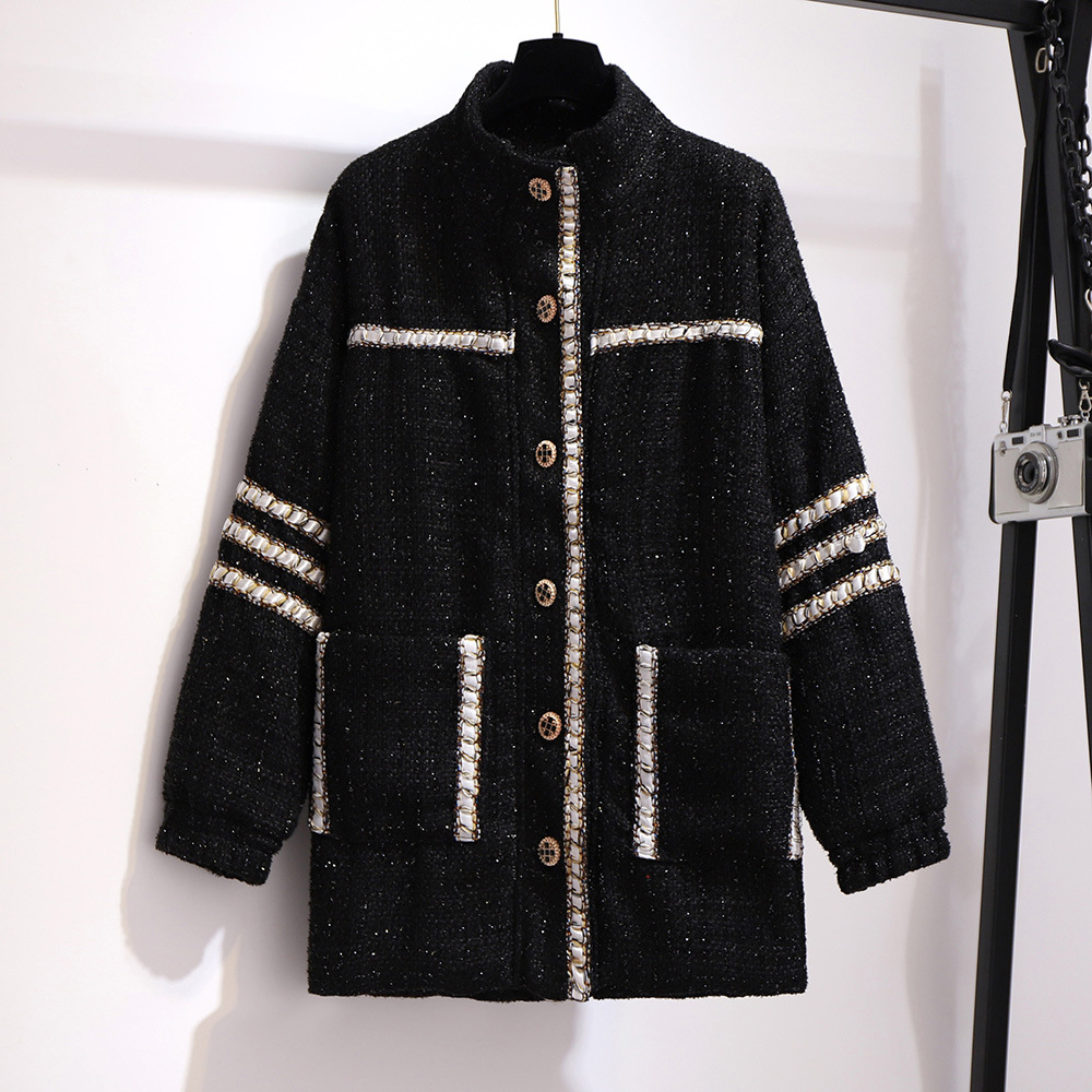 

20fw fashion women's coat autumn/winter new extra large size women's loose and thin fragrant tweed jacket coat size 2xl-6xl, Black