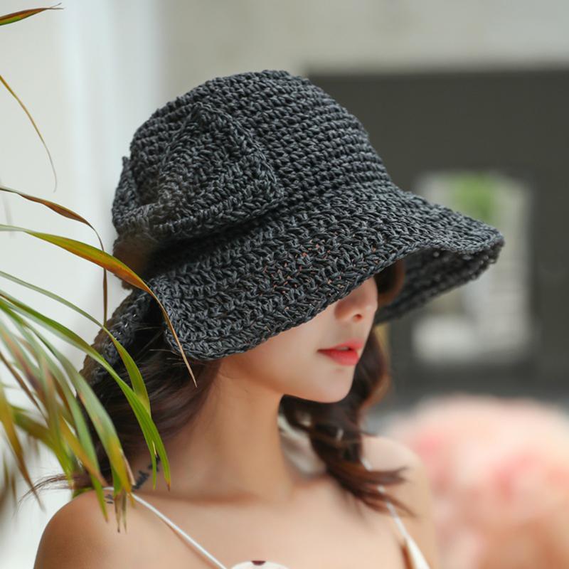 

Straw Hat Summer Sun Hat Floppy Beach Bow-Knot Fisherman Cap Outdoors Female Sunscreen Dome Solid Casual Grils Elegant Foldable, Black