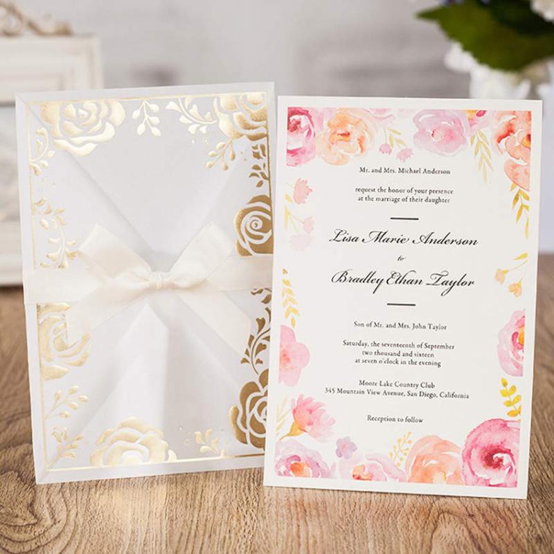 

Transparent Multicolor Gold Stamping Plant Pattern Wedding Invitations Cards with Floral Hoop Inserts Laser Cut Cards 50pcs/lot