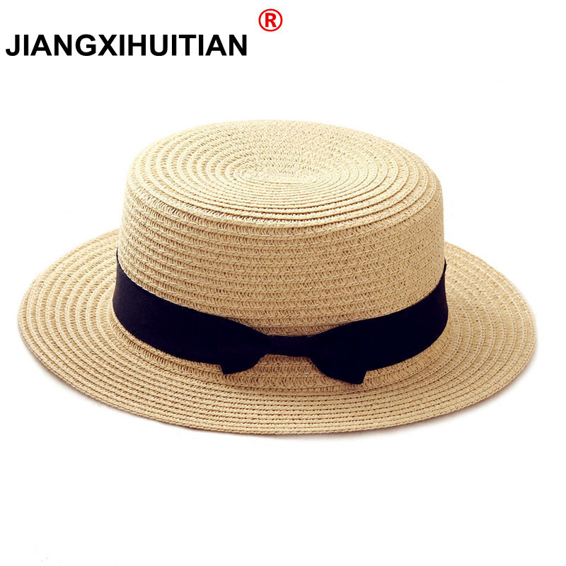 

2020 simple Summer Parent-child Beach Hat Female Casual Panama Hat Lady Brand Women Flat brim Bowknot Straw cap girls Sun, Rose
