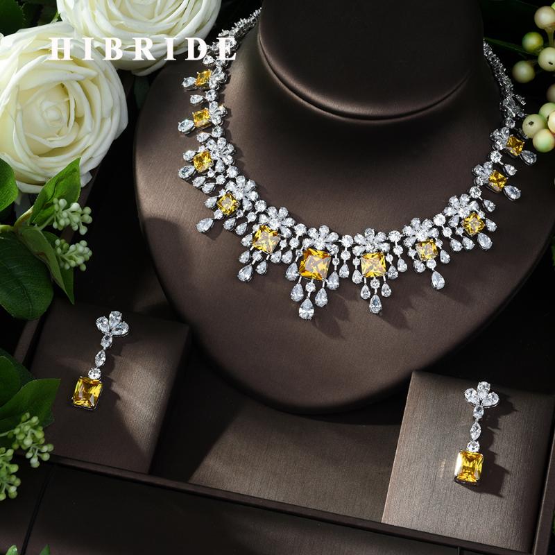 

HIBRIDE Exclusive Earrings African Cubic Zircon CZ Nigerian Jewelry sets for Women Wedding Dubai Yellow Color Bridal Jewelry Set N-984, As pic