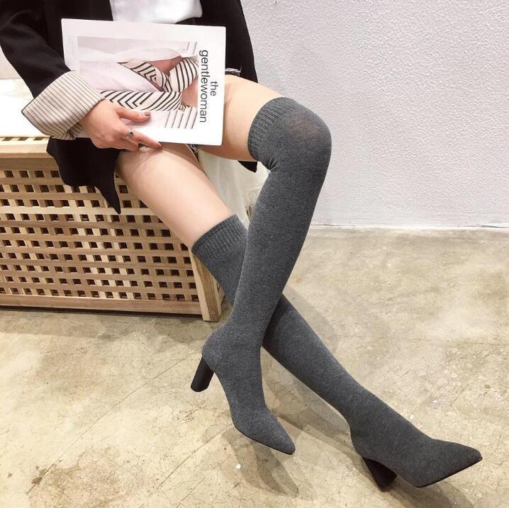 

Colors Women's Over The Knee Sock Boots 2020 Autum Thick Heel Knitting Sock Boots Pointed Toe Elasitc Slim Botas, Gray