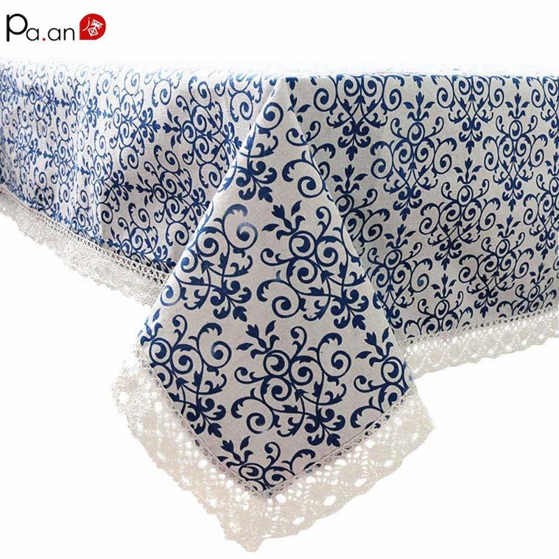 

Cotton Linen Tablecloth China Blue and White Porcelain Pattern Printed Table Covers with Lace Advanced Gift Decor Dropshipping, Fllc