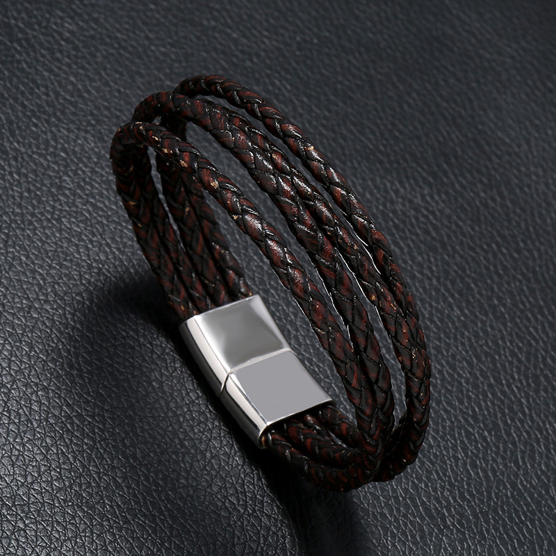 

Multilayer Braid Brown Genuine Leather Men Bracelet Silver Color Stainless Steel Magnetic Clasps Classic Wristband Male Jewelry