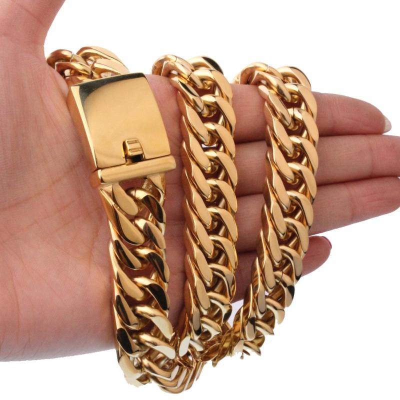 

15/17mm High Quality Trendy 316L Stainless Steel Gold Color Cut Cuban Curb Chain Mens Necklace Or Bracelet Jewelry 7"-40