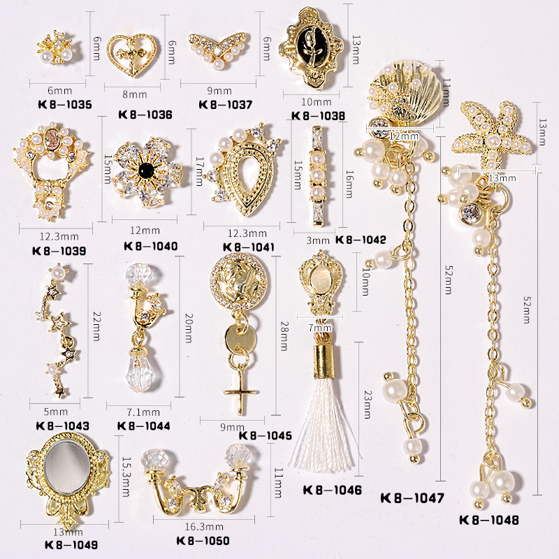 

10 pcs Shiny Zircon Pearl Pendant 3D Nail Art Decoration Luxury Chain Bracelet Wedding Alloy Jewelry Manicure Design Accessories